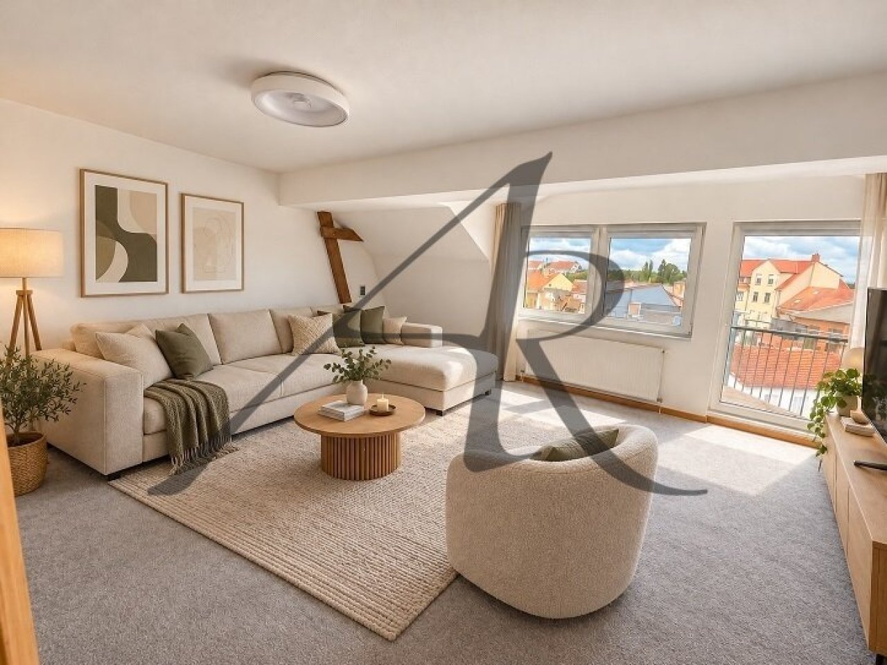 Skandinavisches Wohnzimmer mit Dachblick Skandinavisches Wohnzimmer mit Dachblick